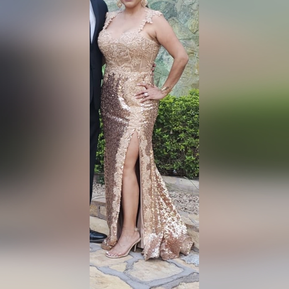 Camille La Vie Gold Sequin Prom Dress